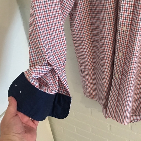 Izod Men’s Button down shirt Plaid Longsleeve Red Navy White Sz 16 1/2 - Picture 5 of 7